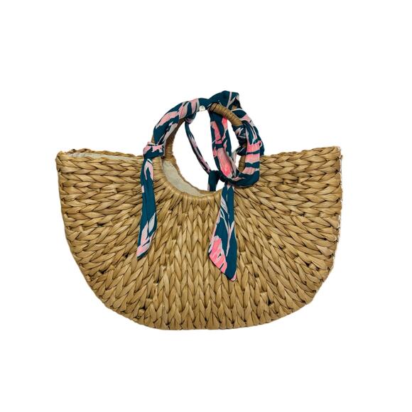 Lilly Pulitzer Monkey Business Half Moon Tan Straw Beach Tote with Floral Scarf - Picture 10 of 10